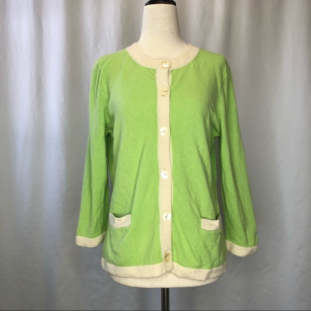 Talbots Petite 100% cashmere cardigan sweater pistachio green off-white pockets